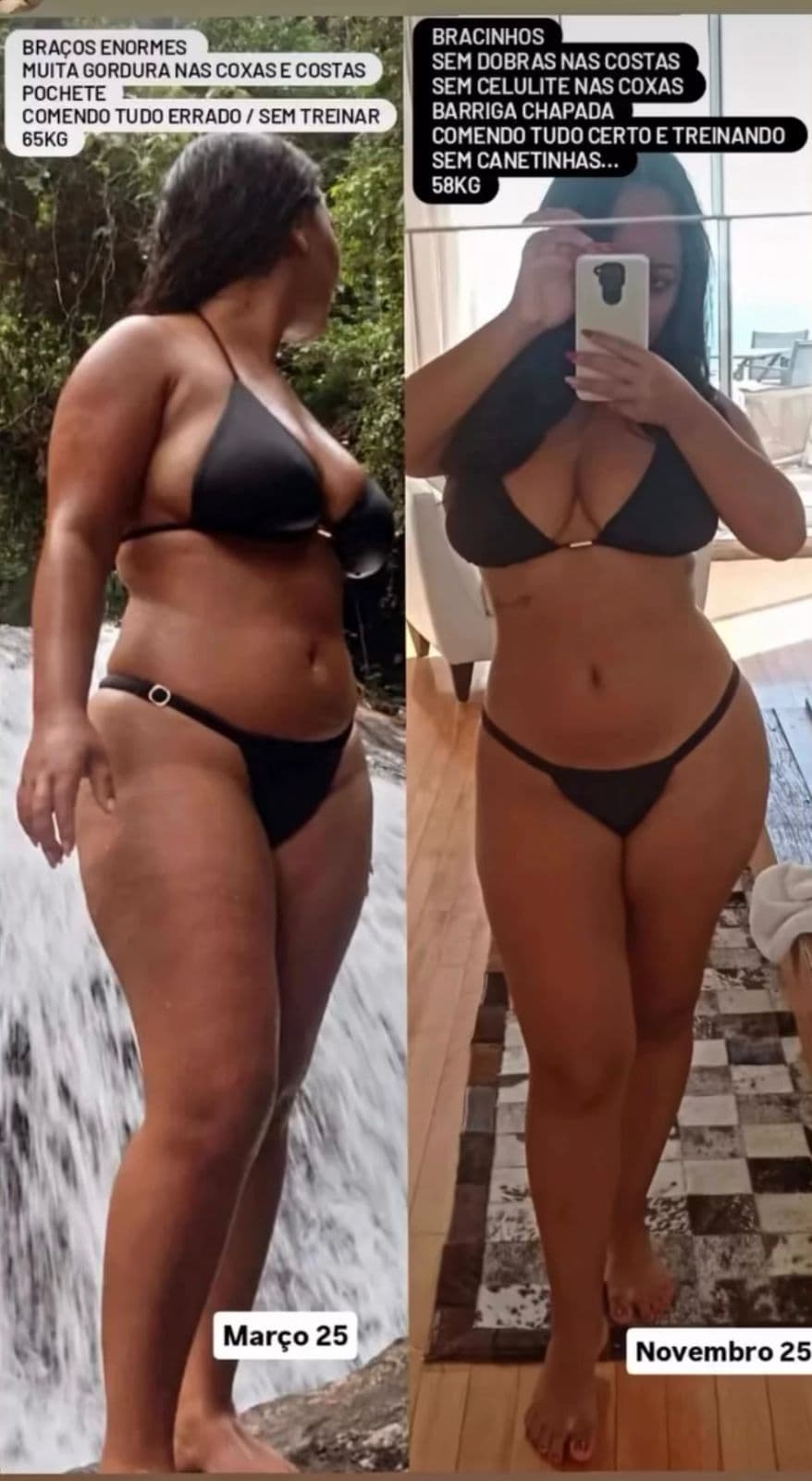 Antes e depois — março a novembro, redução de gordura corporal